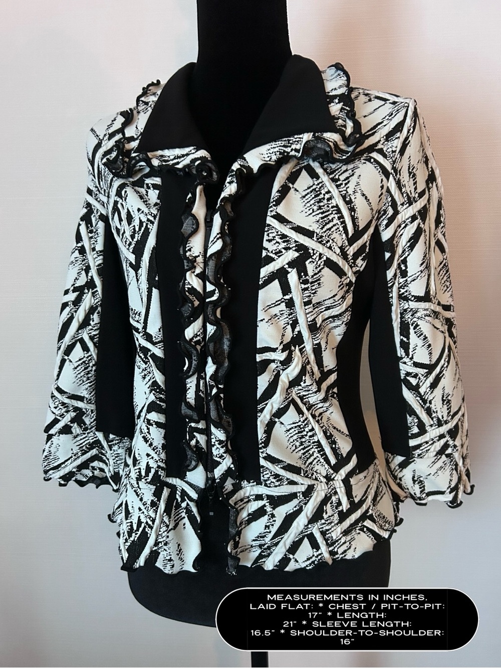 Joseph Ribkoff Black and White Textured Geometric Zip-Up Jacket